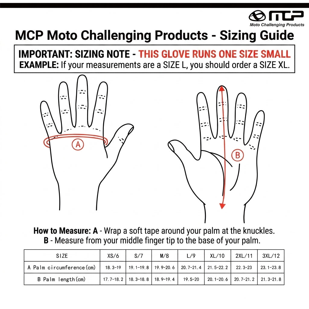 MCP ERGO BEE gloves size chart