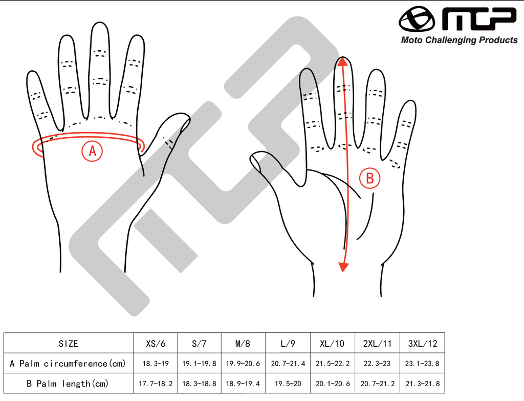 MCP motorcycle gloves size chart - glove sizing guide Australia
